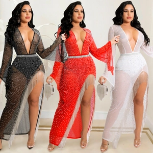 Sexy Vestito Lungo da Donna Scollo a V Profondo in Rete con Strass Maniche Lunghe Larghe Spacco Irregolare Nappe Party