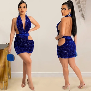 Sparkly royal blue sequined halter neck mini dress with side waist cutouts for party wear