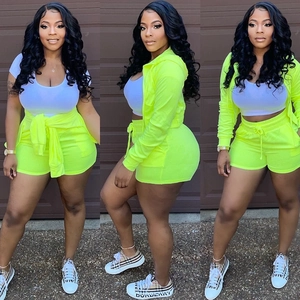 Women casual 3-piece set featuring lime green hooded jacket, white tank top and shorts