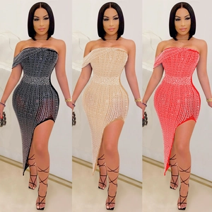 Elegant Strapless Bodycon Midi Dress For Women Rhinestone Embellished Mesh Asymmetrical Hem Slim Fit Evening Party Dress