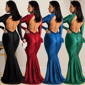 Detail of four elegant long-sleeve backless fishtail dresses in various satin colors