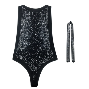 Detail of black bodysuit with silver rhinestones and matching choker accessory