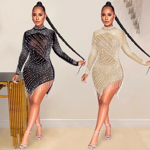 Sexy Women Mesh Sheer Rhinestone Tassel Mini Dress High Neck Long Sleeve Bodycon Party Nightclub Evening Club Dress