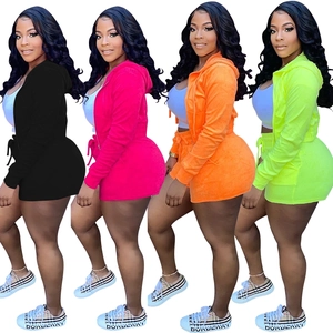 Women's three-piece casual set featuring a zip hoodie and drawstring shorts in four colors