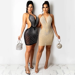 Sexy rhinestone mesh mini dress with deep V-neck and cut-out waist for clubwear party