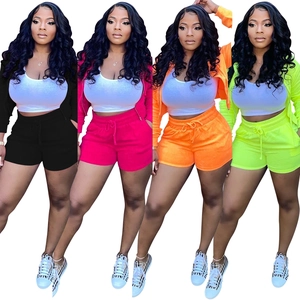 Women's 3-piece casual lounge set showing vest, zip hoodie, and shorts in four vibrant colors