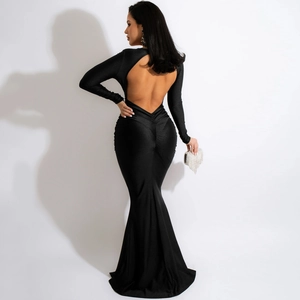 Detailed back view of black V-neck maxi dress featuring open back and ruched mermaid tail