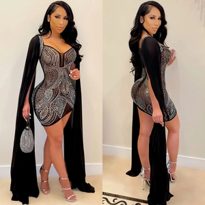Sexy black rhinestone bodycon dress with mesh neckline and elegant long cape sleeves