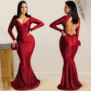 Elegant deep red V-neck backless evening gown with long sleeves and fishtail skirt