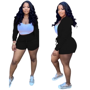 Detailed front and side view of casual black hoodie three-piece set with shorts