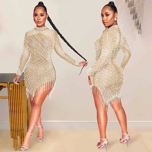 Sexy mesh sheer bodycon mini dress with white pearls, rhinestones and fringe hemline