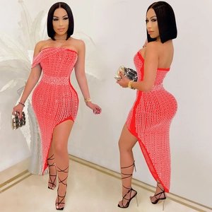 Elegant red tube bodycon dress with sparkling rhinestones and asymmetrical hemline