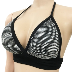 Detailed close-up of a black halter bikini top featuring shimmering silver rhinestones