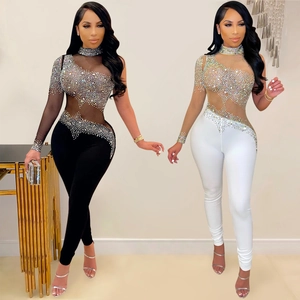 Elegant One Shoulder Mesh Rhinestone Jumpsuit For Women High Neck Bodycon Party Clubwear Long Sleeve Mesh Patchwork Jumpsuit