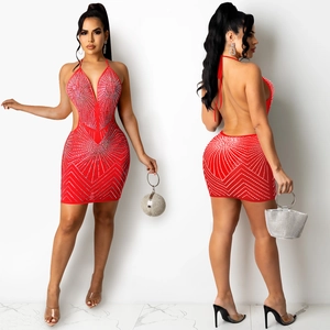 Sexy red mesh mini dress with rhinestones and cutout details for party events