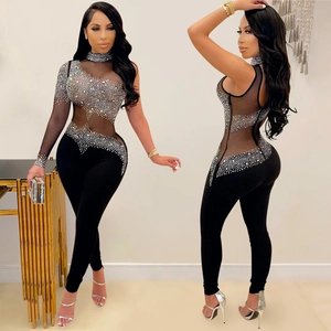 Elegant one shoulder black mesh jumpsuit with sparkling rhinestones and slim fit design