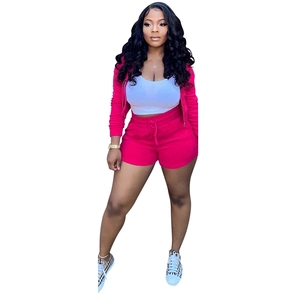 Detail view of women's rose red three-piece lounge set with hooded jacket and shorts