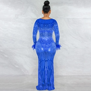 Dettaglio vestito in mesh blu reale con strass argento e piume sulle maniche