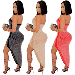 Sleeveless bodycon dress with rhinestones and asymmetric hem in black, beige and red