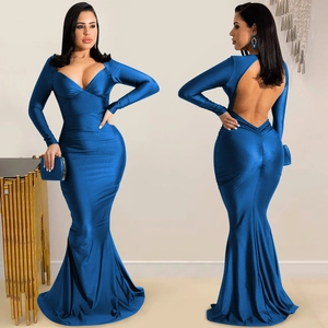 Elegant deep blue long sleeve mermaid evening dress with V-neck and open back design