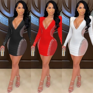 Women Sexy Deep V Neck Long Sleeve Bodycon Mini Dress Mesh Rhinestone Patchwork Party Night Club Evening Tight Dress