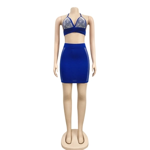 Detail view of royal blue two-piece set featuring silver sequins and mesh side panels
