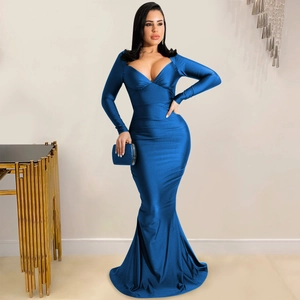 Detail view of the sleek deep blue satin mermaid dress with an elegant V-neckline
