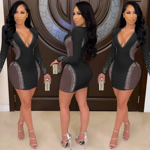 Three-way view of a sexy black V-neck bodycon dress with rhinestone mesh side panels