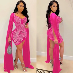 Sexy rose red rhinestone dress with long cape sleeves and mesh v-neck detail