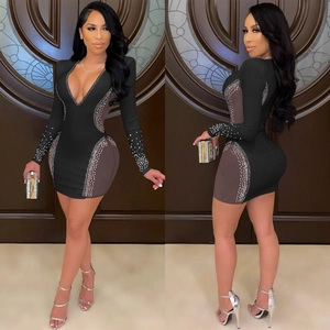 Sexy black V-neck bodycon dress with sheer mesh panels and sparkling rhinestones