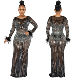 Dettaglio dell'abito lungo in mesh con strass e polsini in piume nere sulle maniche lunghe
