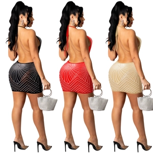 Sexy backless bodycon dress with sparkling rhinestones in black, red and apricot