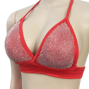 Detail of red halter bikini top with sparkling silver rhinestones on the triangular cups