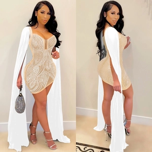 Sexy bodycon midi dress with rhinestones and dramatic white floor-length cape sleeves