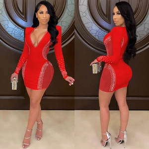Sexy red bodycon mini dress with deep V-neck, sheer mesh panels and sparkling rhinestones