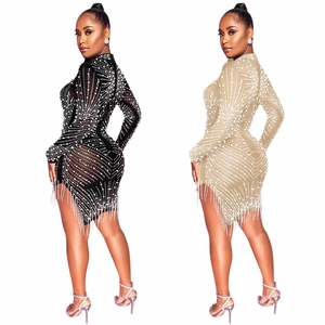 Sexy mesh bodycon mini dress featuring rhinestones, pearls and fringe hem in black and apricot