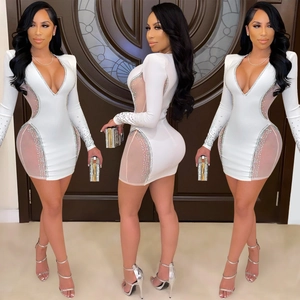 Detailed views of sexy white V-neck mini dress with mesh patchwork and rhinestones