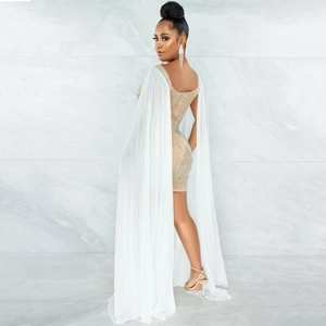 Detail of champagne evening dress featuring rhinestones and long chiffon cape sleeves