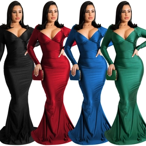 Detail of elegant V-neck long sleeve fishtail gowns in black, burgundy, blue, and green