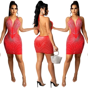 Three-way view of a red rhinestone mini dress with waist cut-outs and backless design