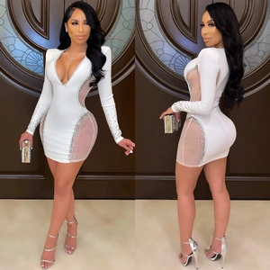 White deep V-neck bodycon dress with rhinestone sheer mesh panels and long sleeves