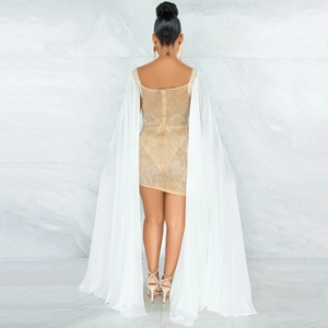 Back view of champagne rhinestone mesh dress with dramatic white chiffon floor-length sleeves