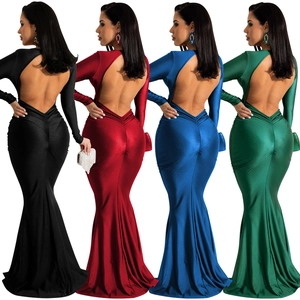 Elegant solid color backless long sleeve V-neck fishtail evening dress for formal events