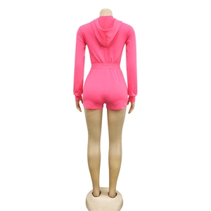 Back view of a rose red hooded long sleeve romper with elastic waist on a mannequin