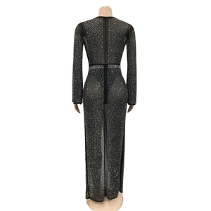 Dettaglio del vestito in rete nera con strass argentati e design slim fit sul retro