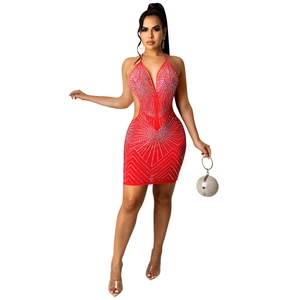 Detail of red rhinestone bandage dress with plunging V-neck and sexy cut-out waist design