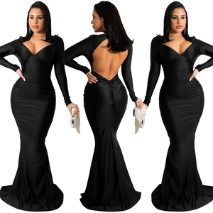 Deep V-neck backless mermaid evening gown with long sleeves and pleated details in black