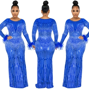 Dettaglio dell'abito in mesh blu reale con strass verticali e polsini in piume