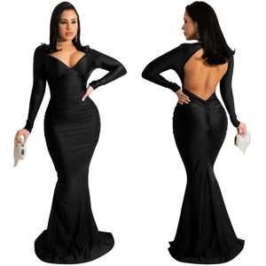 Front and back view of a slim fit black V-neck backless maxi dress with mermaid hem