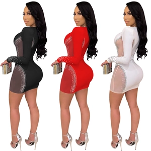 Sexy slim fit long sleeve mini dress with rhinestones and mesh patchwork in three colors
